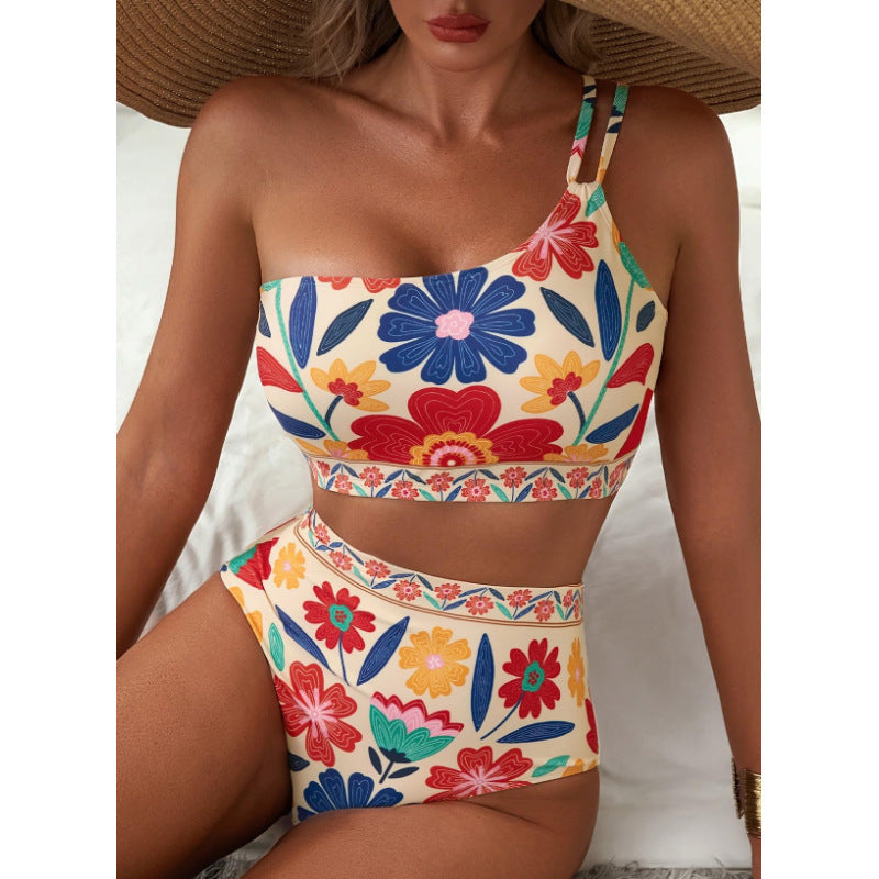 Bikini Kwiatowe One Shoulder High Waist