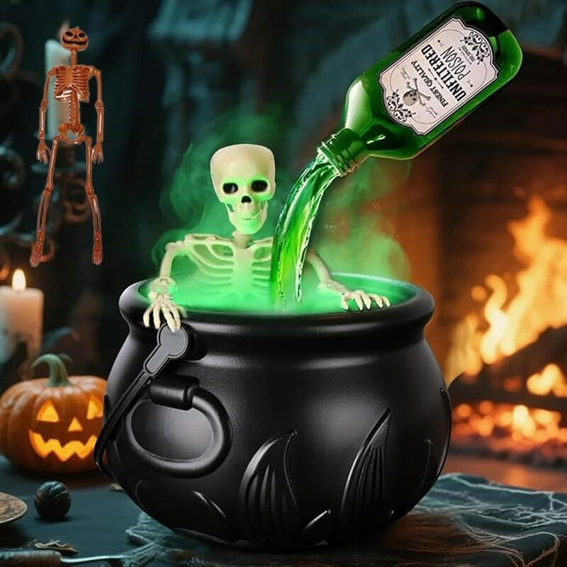 Kociołek Czarownicy z Mgłą i Czaszką LED – Dekoracja Halloween