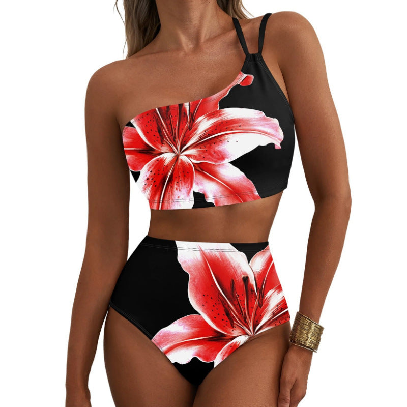 Bikini Kwiatowe One Shoulder High Waist