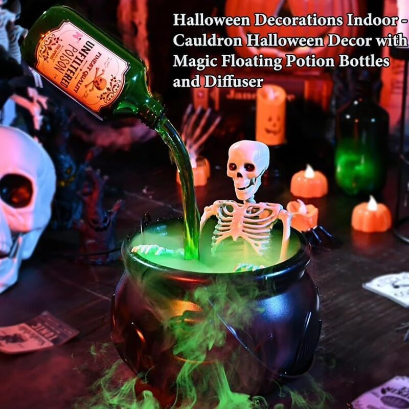 Kociołek Czarownicy z Mgłą i Czaszką LED – Dekoracja Halloween
