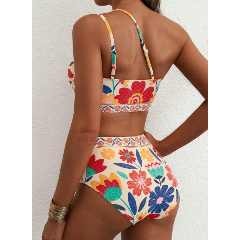 Bikini Kwiatowe One Shoulder High Waist