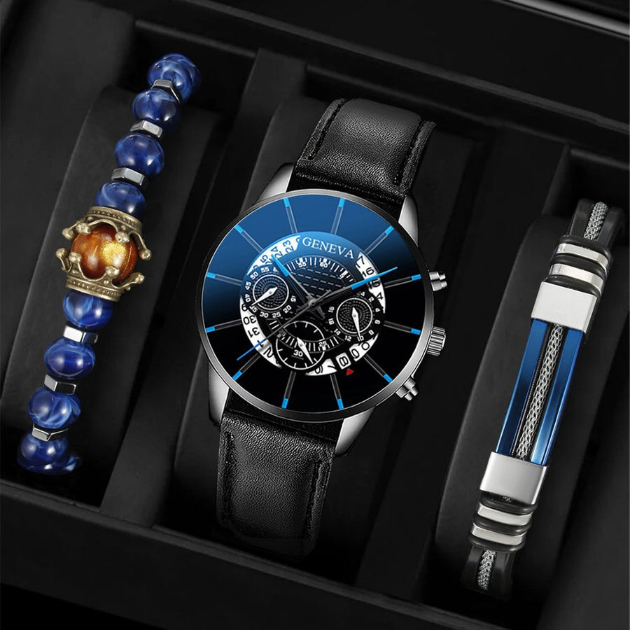 Męski Skórzany Zegarek Biznesowy - Kalendarz, Trzy Tarcze, Zestaw z Bransoletką