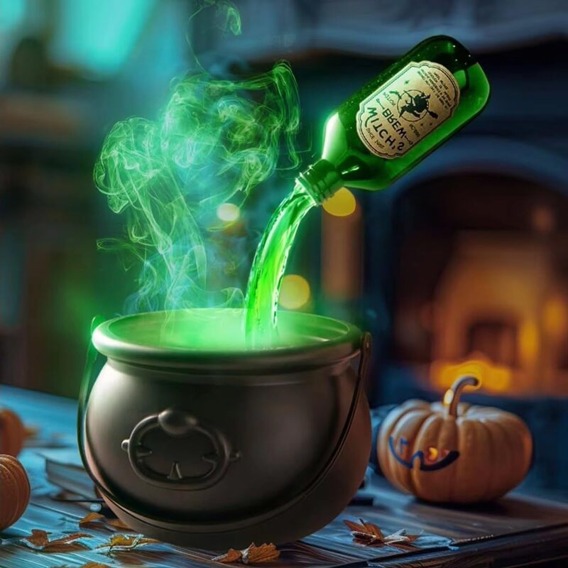Kociołek Czarownicy z Mgłą i Czaszką LED – Dekoracja Halloween