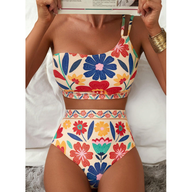 Bikini Kwiatowe One Shoulder High Waist