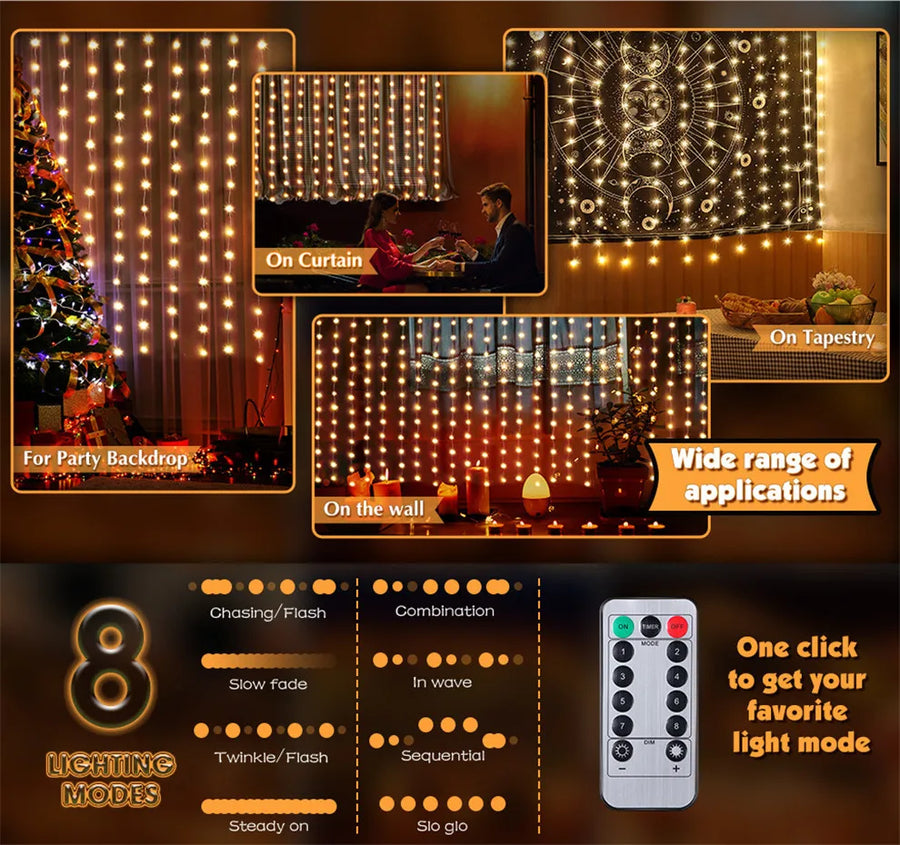 Kurtyna Świetlna LED USB – 3×1 / 3×2 / 3×3 m, Pilot, 8 Trybów