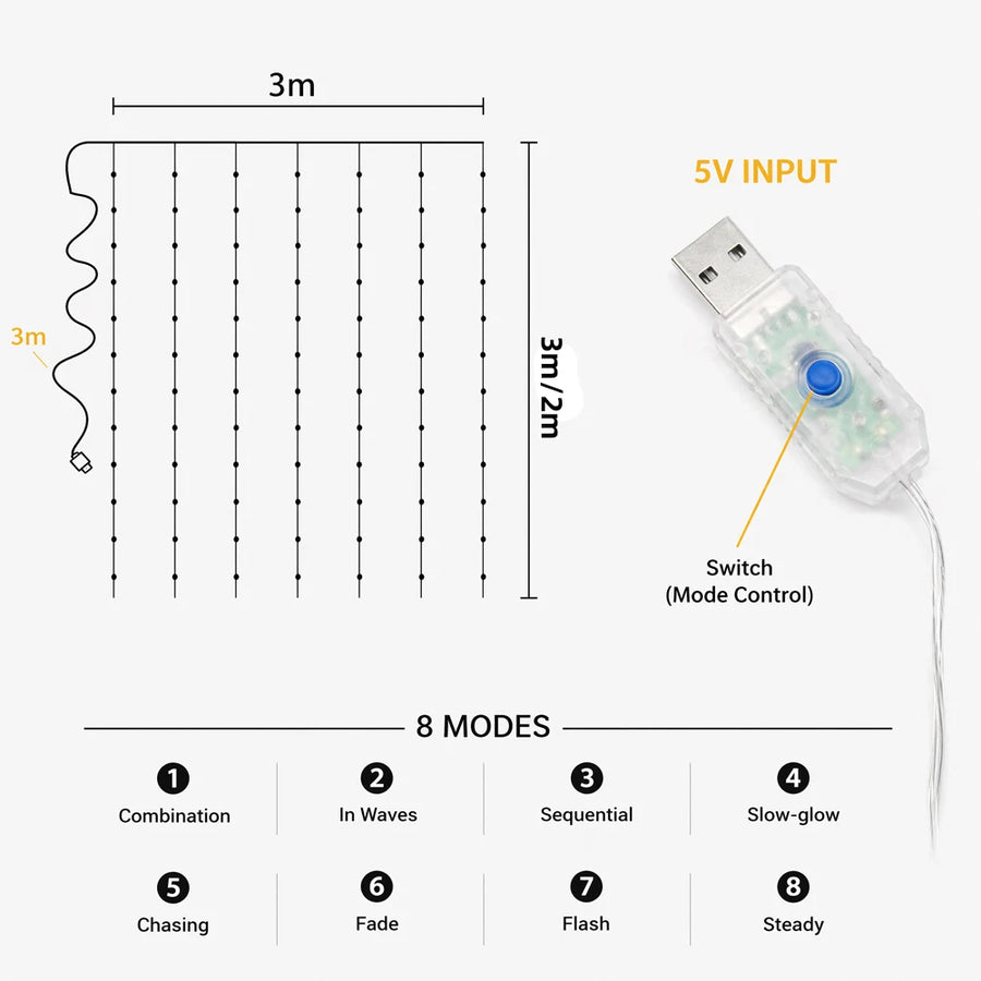 Kurtyna LED USB 3×2 m / 3×3 m – Ciepła Biała lub Kolorowa