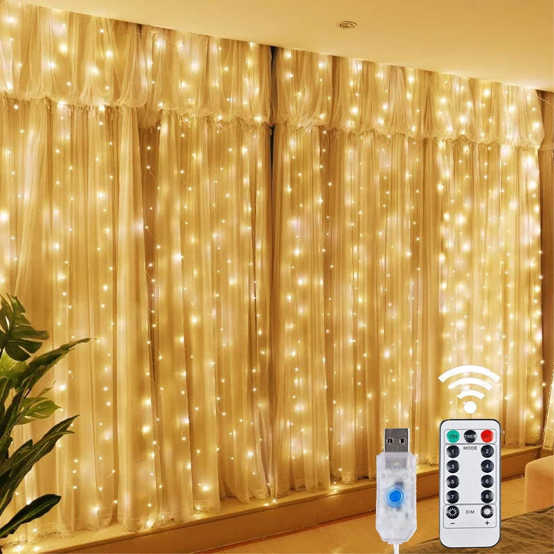 Kurtyna Świetlna LED USB – 3×1 / 3×2 / 3×3 m, Pilot, 8 Trybów