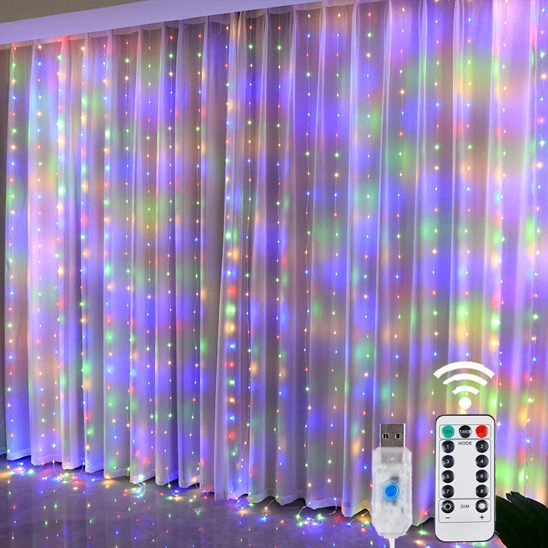 Kurtyna Świetlna LED USB – 3×1 / 3×2 / 3×3 m, Pilot, 8 Trybów